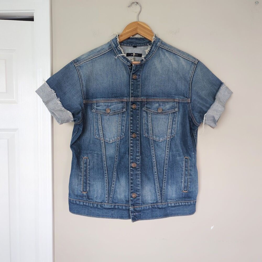 7 For All Mankind Raw Edge Short Sleeve Denim Jacket Large Streetwear Grunge